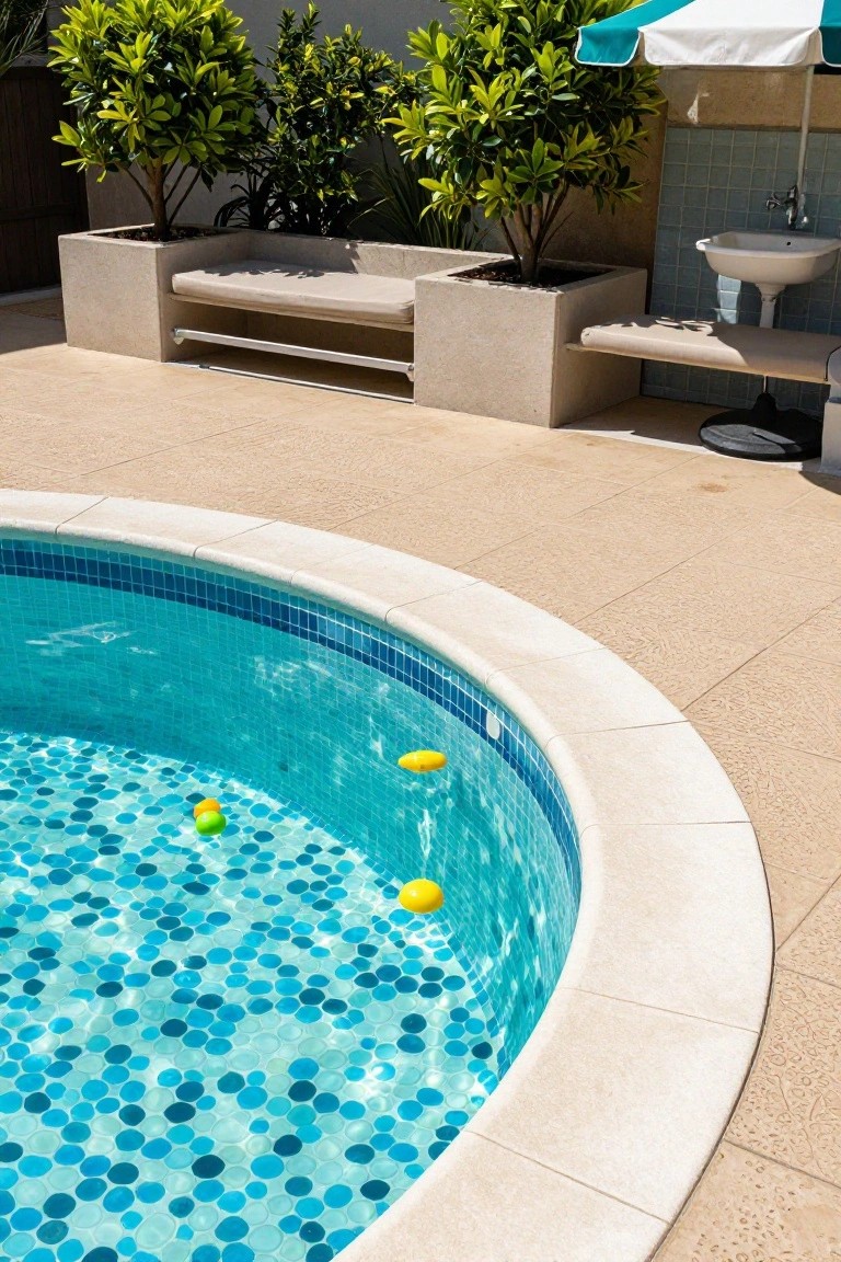 Curved swimming pool with blue bubble-patterned mosaic tiles and yellow rubber ducks floating in the water, next to beige tiled patio, potted plants, bench seating, and outdoor sink.