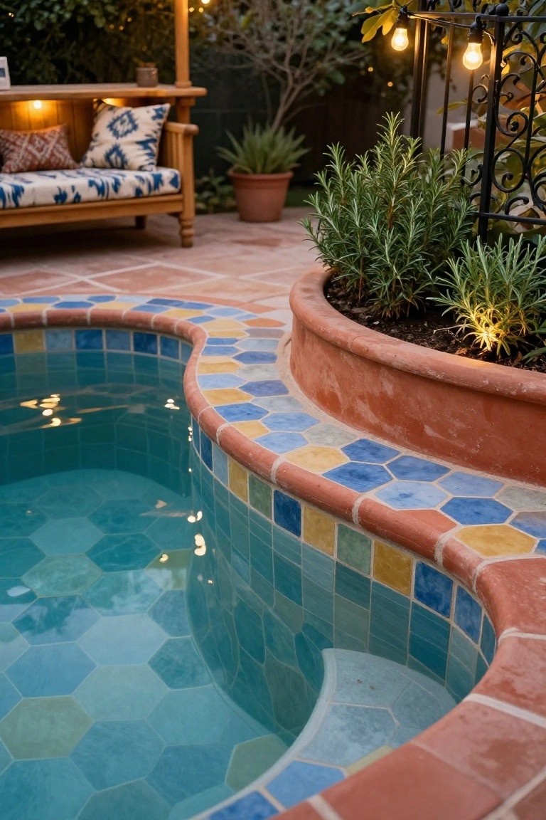 Curved backyard pool with hexagonal tiles in blue, teal, green, and yellow lining the interior and edges, topped with terracotta coping, surrounded by potted rosemary plants, wooden bench with cushions, and string lights at dusk.