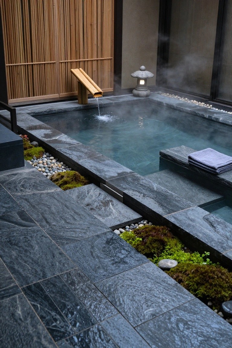 Outdoor hot pool with flowing water inlet, surrounded by dark slate tiles, moss and pebble planters, bamboo screens, stone lantern, and folded purple towels on a stone bench.