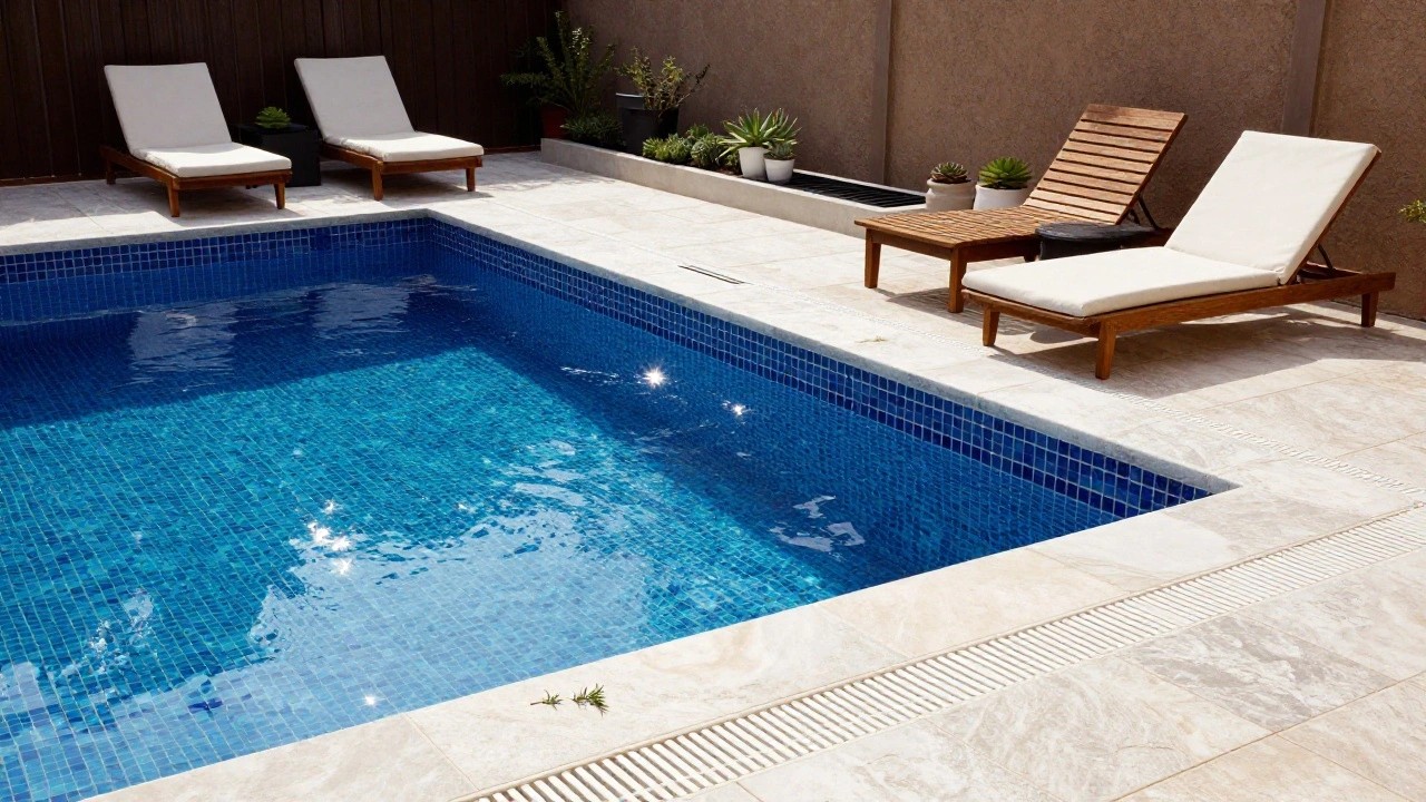 Pool edge with light gray veined tiles, blue mosaic pool lining, wooden loungers with white cushions, potted plants, and a dark timber fence in the background.
