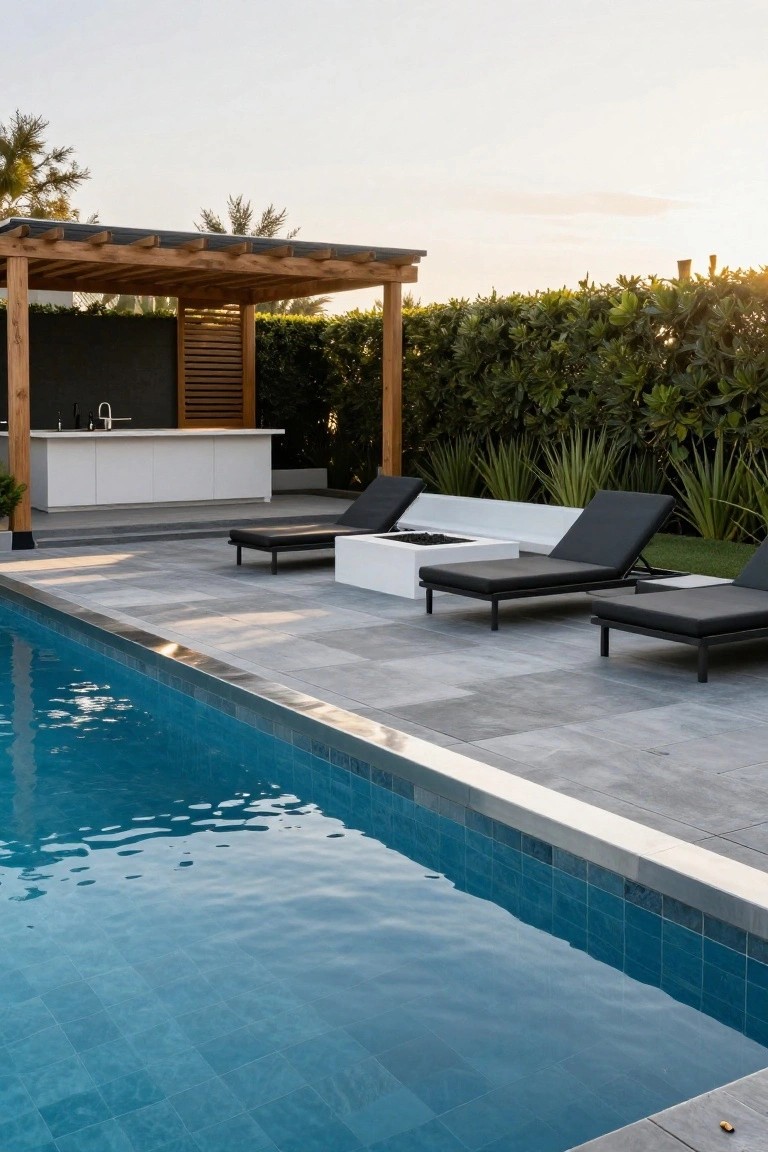 Pool area featuring large gray tiled deck, black chaise lounges, white rectangular fire pit table, wooden pergola with white bar counter, hedges and plants, and bright blue pool water at dusk.