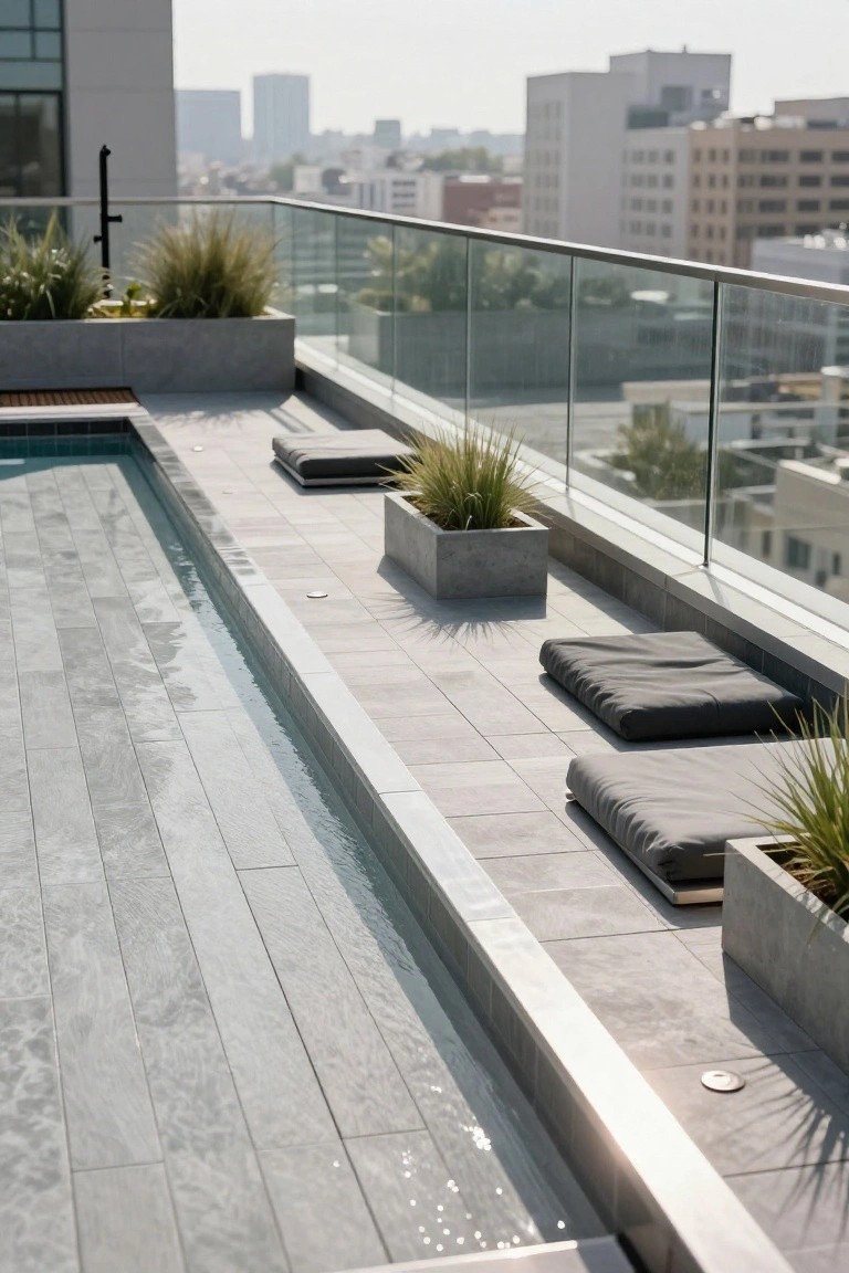 A rooftop infinity pool edged in gray wood-grain porcelain tiles, with concrete planters holding grasses, gray cushions on the deck, glass railings, and cityscape in the background.