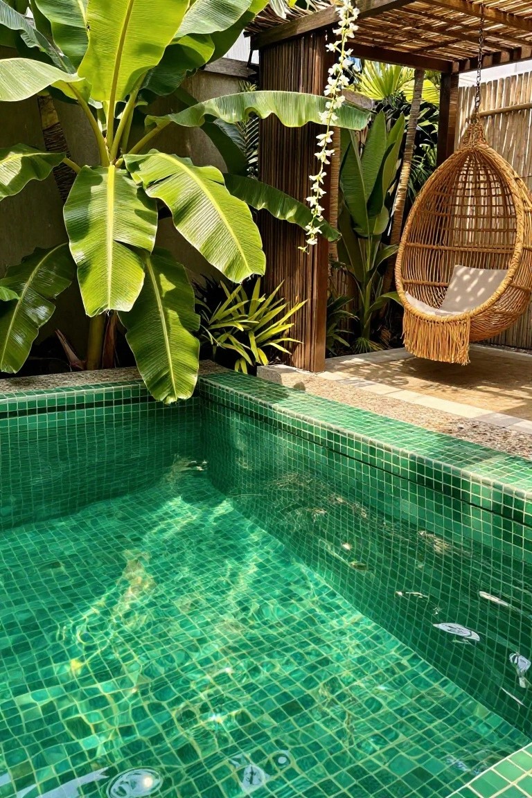 Close-up of a rectangular pool lined with vibrant green mosaic tiles, surrounded by lush banana plants, hanging white orchids, a bamboo pergola structure, and a woven hanging swing chair on a stone patio.