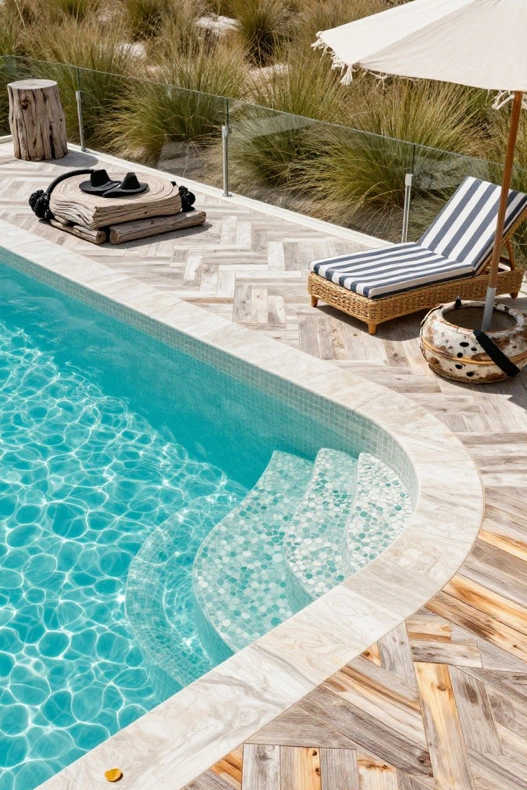 Close view of a turquoise pool with glass mosaic steps, surrounded by light herringbone-patterned wood-look deck tiles, a striped lounger chair, umbrella, driftwood stool, and grasses behind a glass fence.