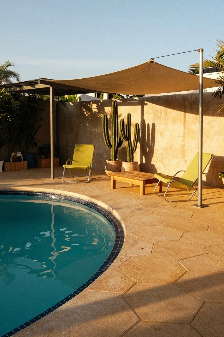 Curved turquoise pool surrounded by beige hexagonal tiles on a tan deck, with lime green lounge chairs, wooden table, potted cacti, and beige shade sail nearby.