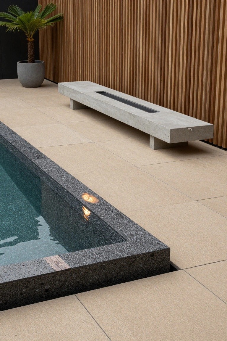 Pool area featuring light beige rectangular tiles on the deck surrounding a dark pebble-edged pool, with a long concrete bench containing a fire trough, a potted palm tree, and a wooden slat fence in the background.