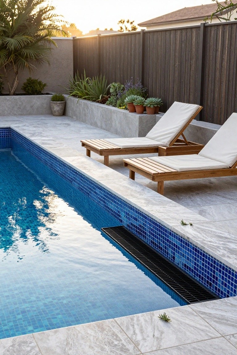 Pool edge with light gray veined tiles, blue mosaic pool lining, wooden loungers with white cushions, potted plants, and a dark timber fence in the background.