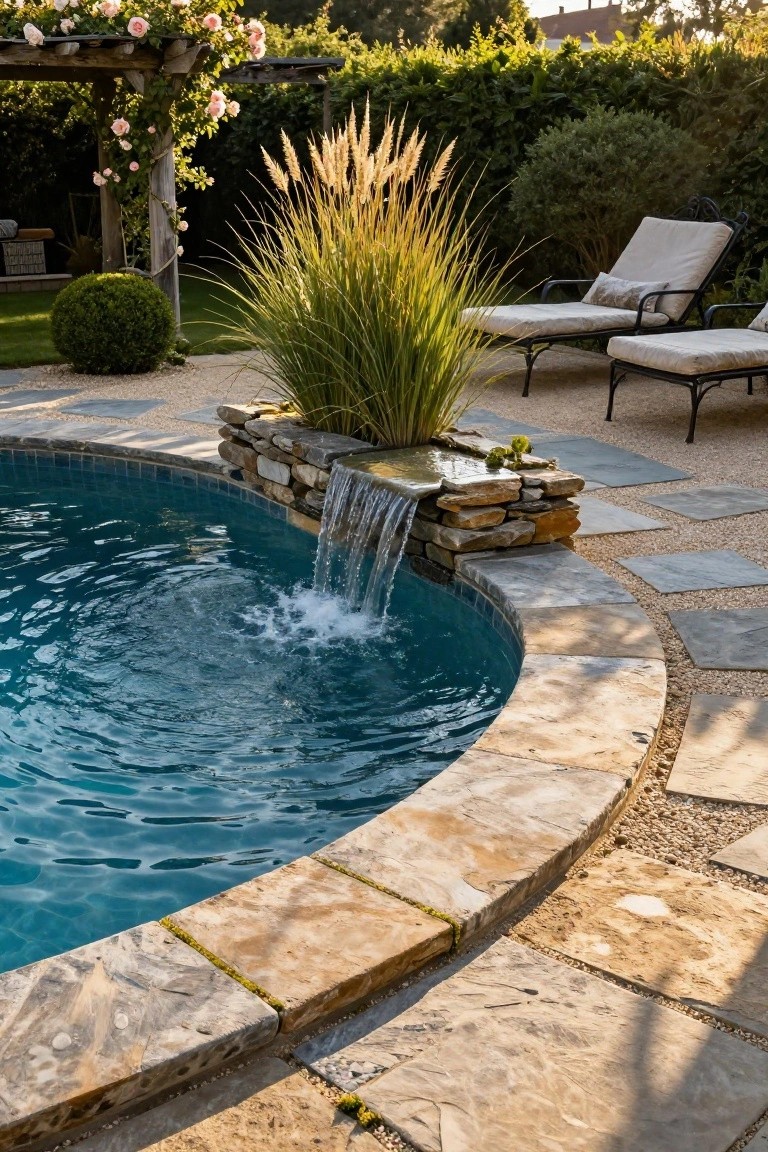 Curved blue-tiled swimming pool with natural stone coping, integrated stacked rock waterfall, surrounding gravel and paver patio, tall grasses, shrubs, and lounge chairs.