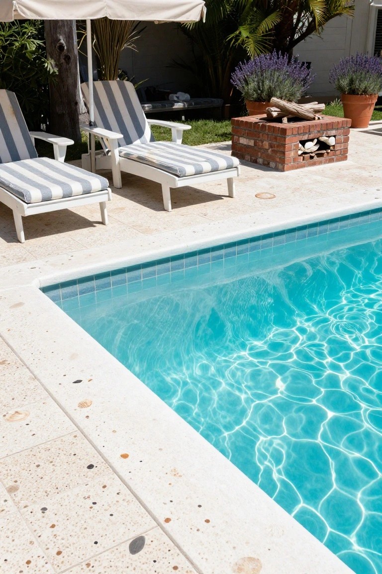 Pool edge with white pebble deck tiles containing embedded shells and small stones, flanked by striped lounge chairs, a brick fire pit, potted plants, and turquoise pool water.
