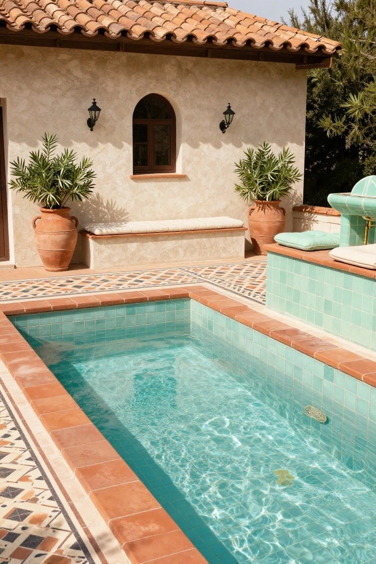Small rectangular pool lined with turquoise tiles and bordered by terracotta edges with patterned flooring, next to a stucco bench, large terracotta pots with plants, and low walls with lanterns.