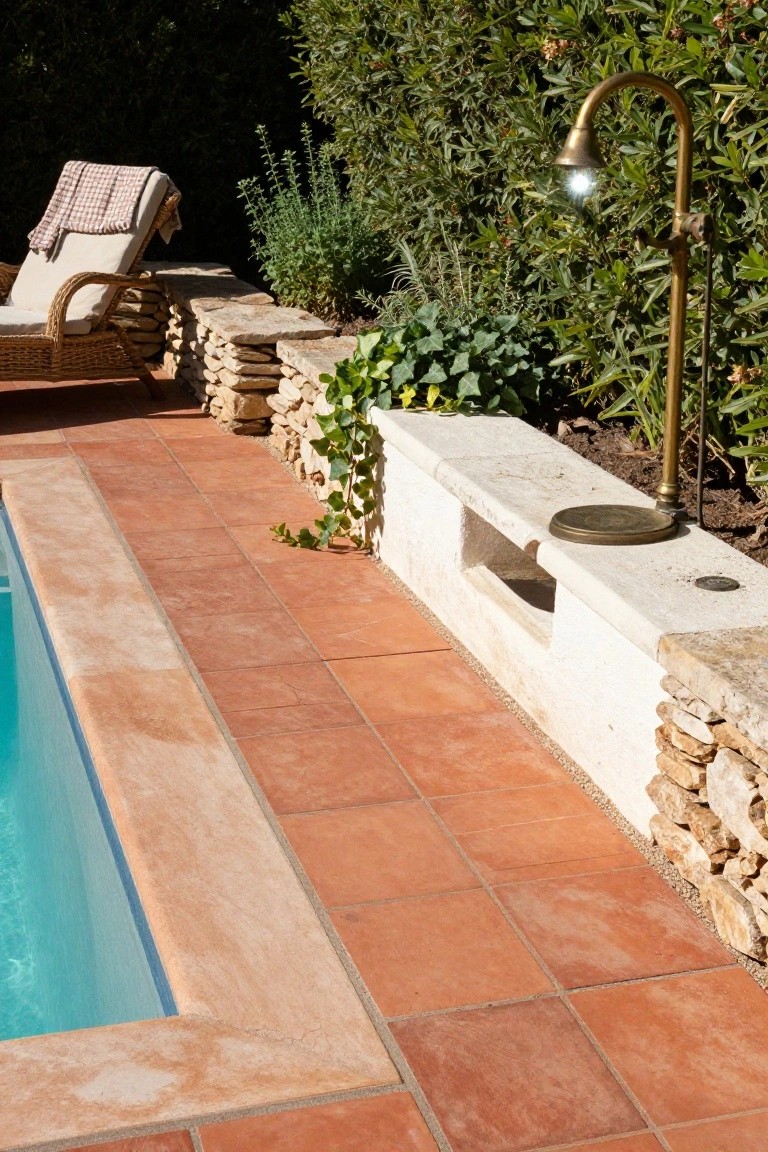 Pool edge with red terracotta tiles, white stone coping and wall with plants, brass lamp, and wicker lounger chair nearby.