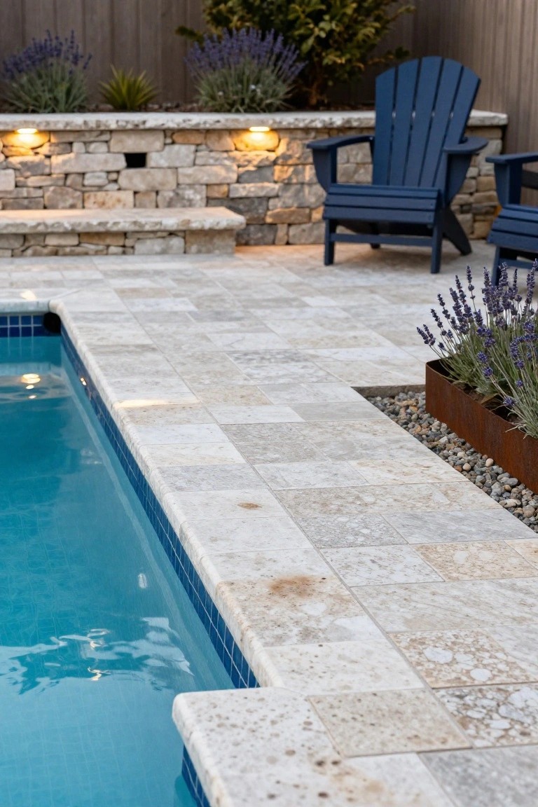 Close-up of a pool edge with light beige travertine tiles forming the deck and coping, blue pool water below, lavender plants in a rusted metal planter, and a blue Adirondack chair on the deck against a stone retaining wall.