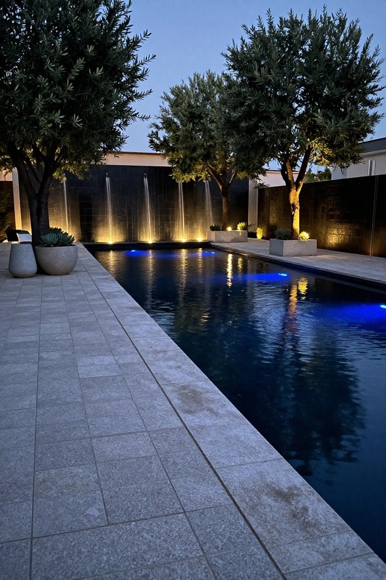 Rectangular outdoor pool at dusk with blue underwater LED lighting, stone deck alongside, black-tiled water feature wall with vertical streams and uplights, potted succulents, olive trees, and concrete walls.