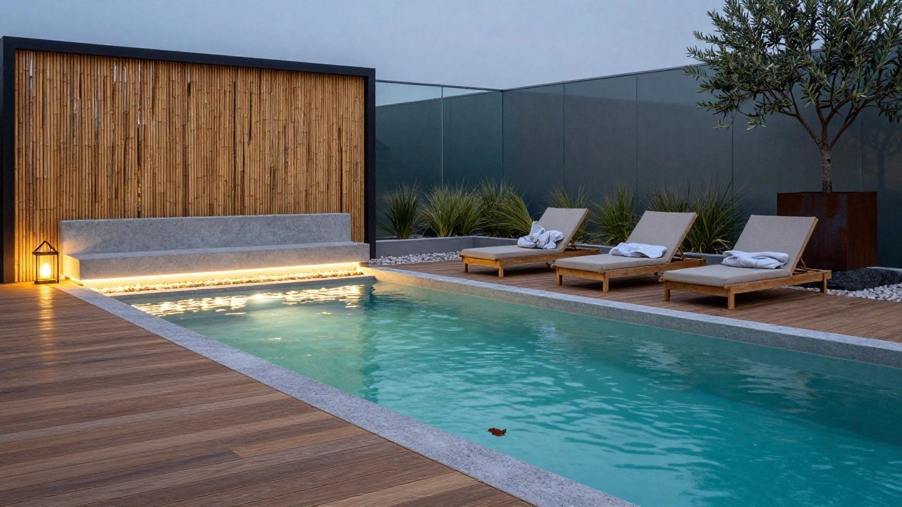 Rectangular pool with blue LED edge lighting at dusk on a wooden deck, flanked by teak loungers, a concrete bench, potted plants, rust planter, and bamboo fencing.