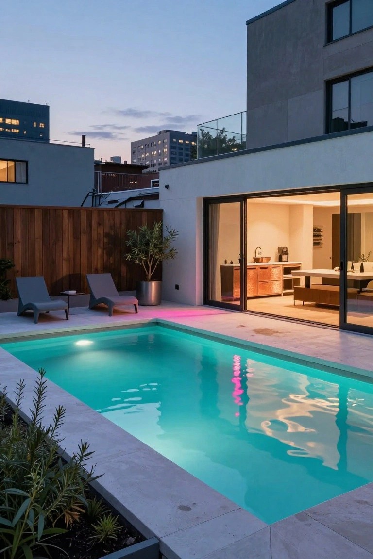 Modern backyard pool with turquoise underwater lighting and pink light reflections on the water surface at dusk, lounge chairs on tiled patio nearby, plants along edges, wooden fence, and open sliding glass doors to contemporary kitchen interior.
