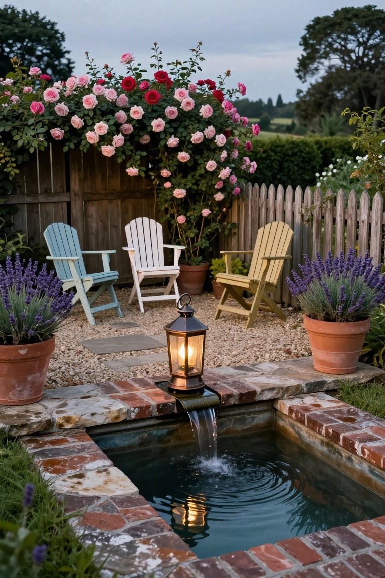 Outdoor patio area featuring a small brick-lined fountain pool with flowing water, illuminated by a lit brass lantern, surrounded by potted lavender plants, colorful Adirondack chairs, and climbing roses on a wooden fence.