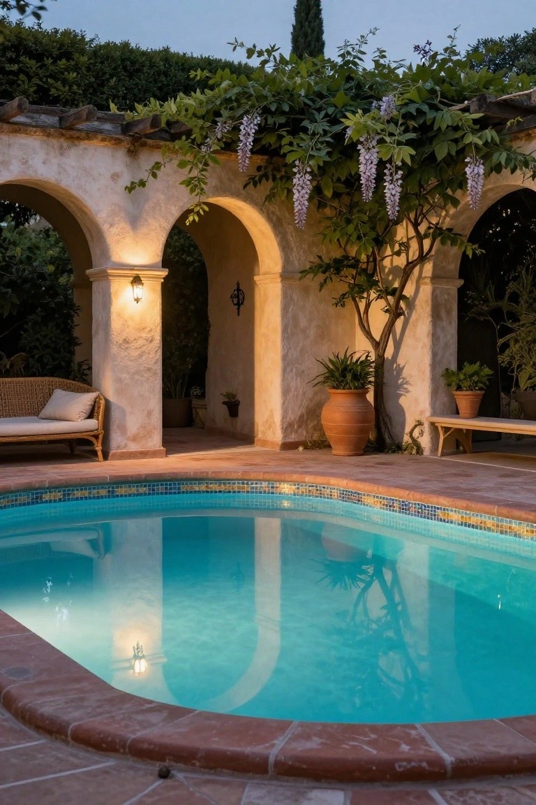 Small turquoise pool in a stucco courtyard with arched walkways draped in wisteria, wall lanterns, potted plants, wicker benches, and reflections in the water at dusk.