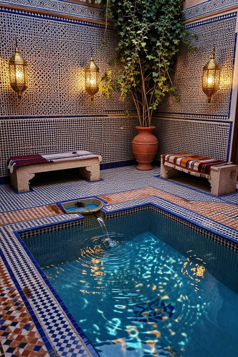 Small square turquoise pool in a Moroccan-style tiled courtyard with stone benches covered in rugs, large terracotta pot with plant, climbing ivy, and multiple brass hanging lanterns on walls.