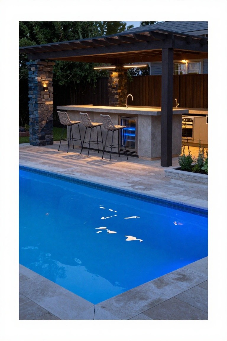 Outdoor kitchen bar with woven bar stools under a pergola next to a glowing blue-lit rectangular swimming pool at dusk, stone pillar, wall lights, pavers, and plants.