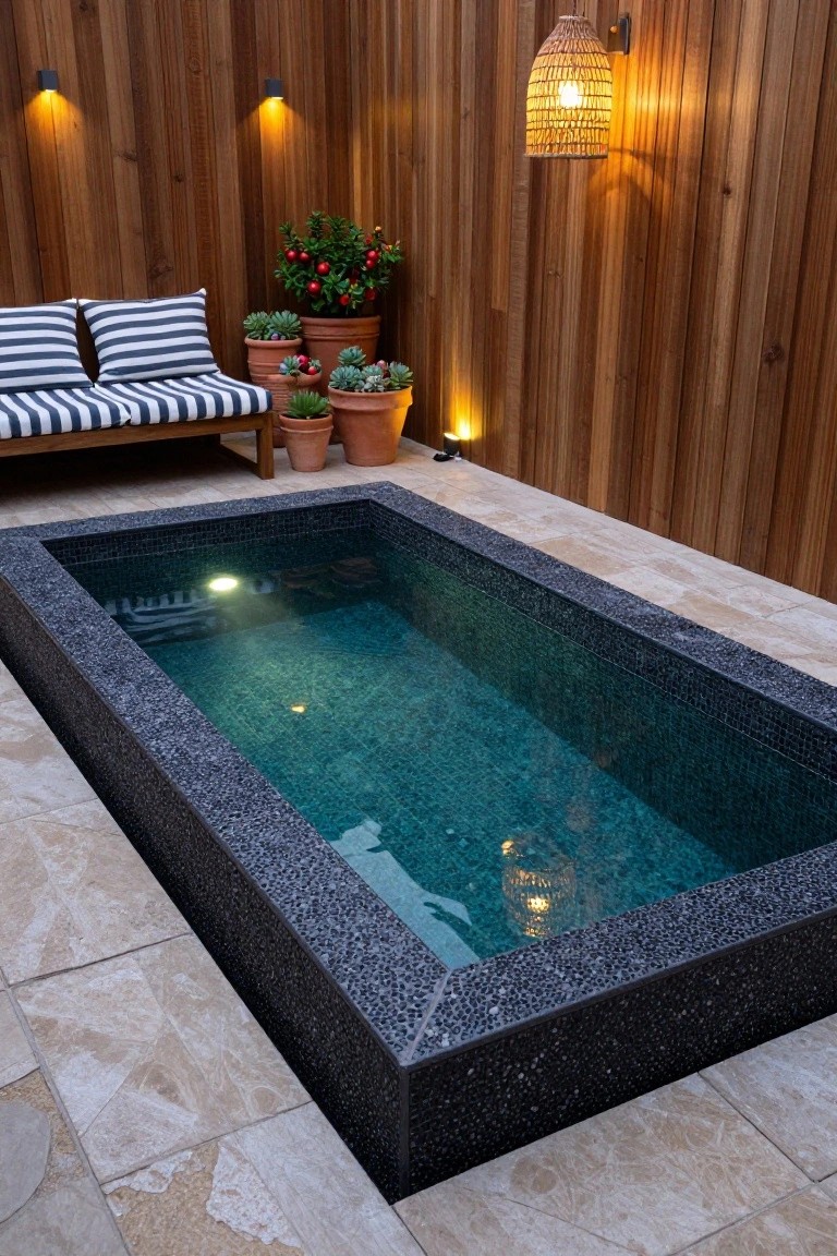 Rectangular plunge pool with teal mosaic tiles and glowing underwater lights, black pebble edging, travertine tiled surround, wooden fence backdrop, potted succulents and red berries, striped bench cushions, and various hanging and spot lights.