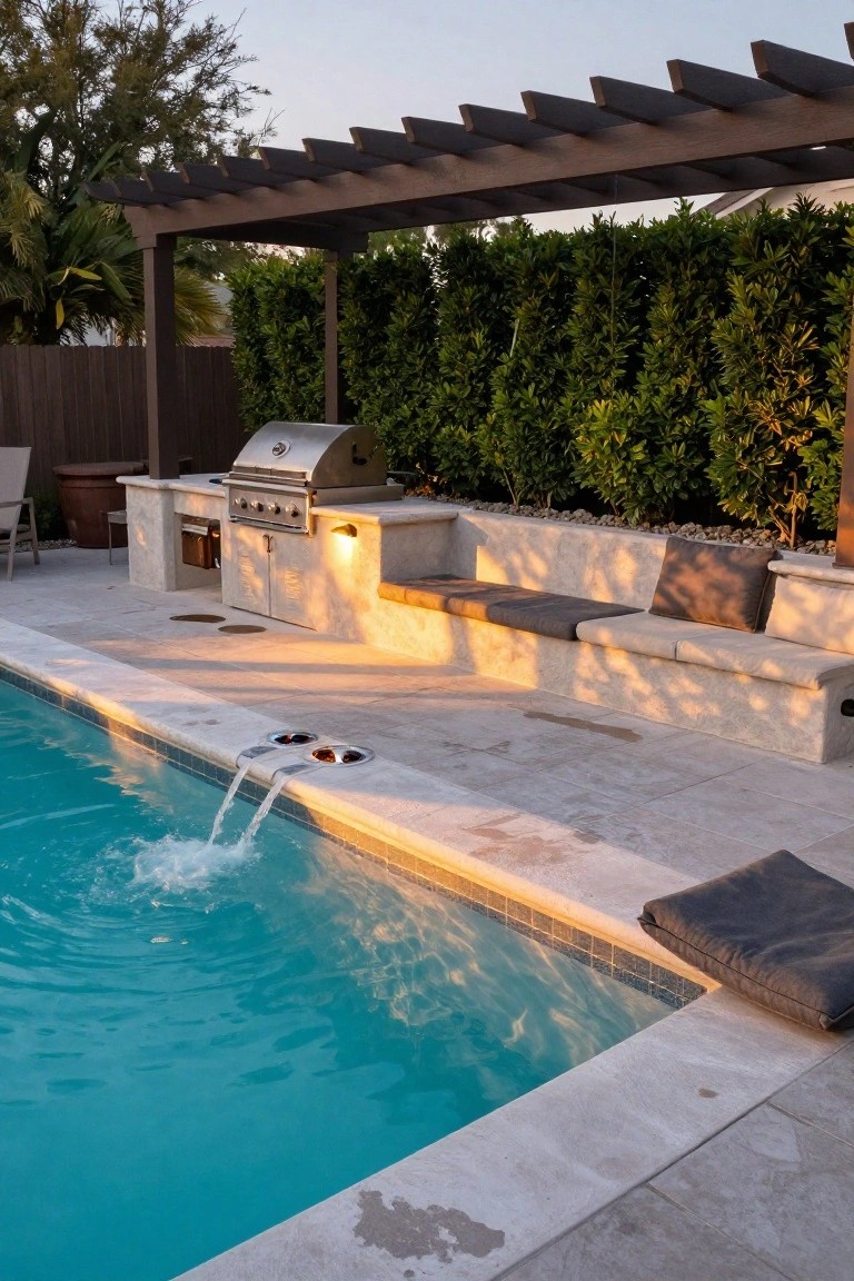 Backyard pool with two water spouts pouring from the stone coping edge into the blue water, adjacent built-in grill station and bench seating under a pergola, surrounded by hedges and a wooden fence in golden hour sunlight.