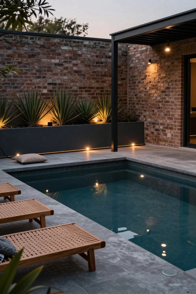 Small rectangular inground pool with blue underwater lights at dusk, gray tiled deck, two wooden loungers with cushions, black planters holding agave plants with uplights, brick wall backdrop, metal pergola with hanging lights, and ground lights along pool edge.