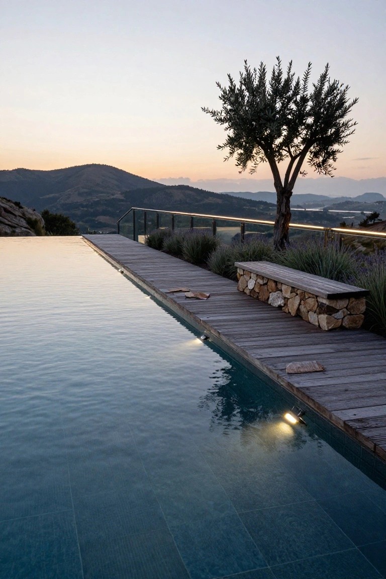 Infinity pool at dusk with wooden deck edge, recessed lights glowing on the water, stone bench amid lavender plants, olive tree, glass railing, and mountain backdrop.