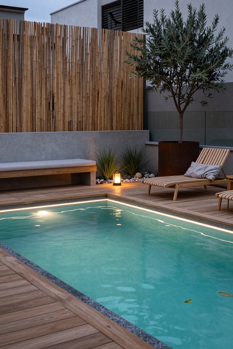 Rectangular pool with blue LED edge lighting at dusk on a wooden deck, flanked by teak loungers, a concrete bench, potted plants, rust planter, and bamboo fencing.