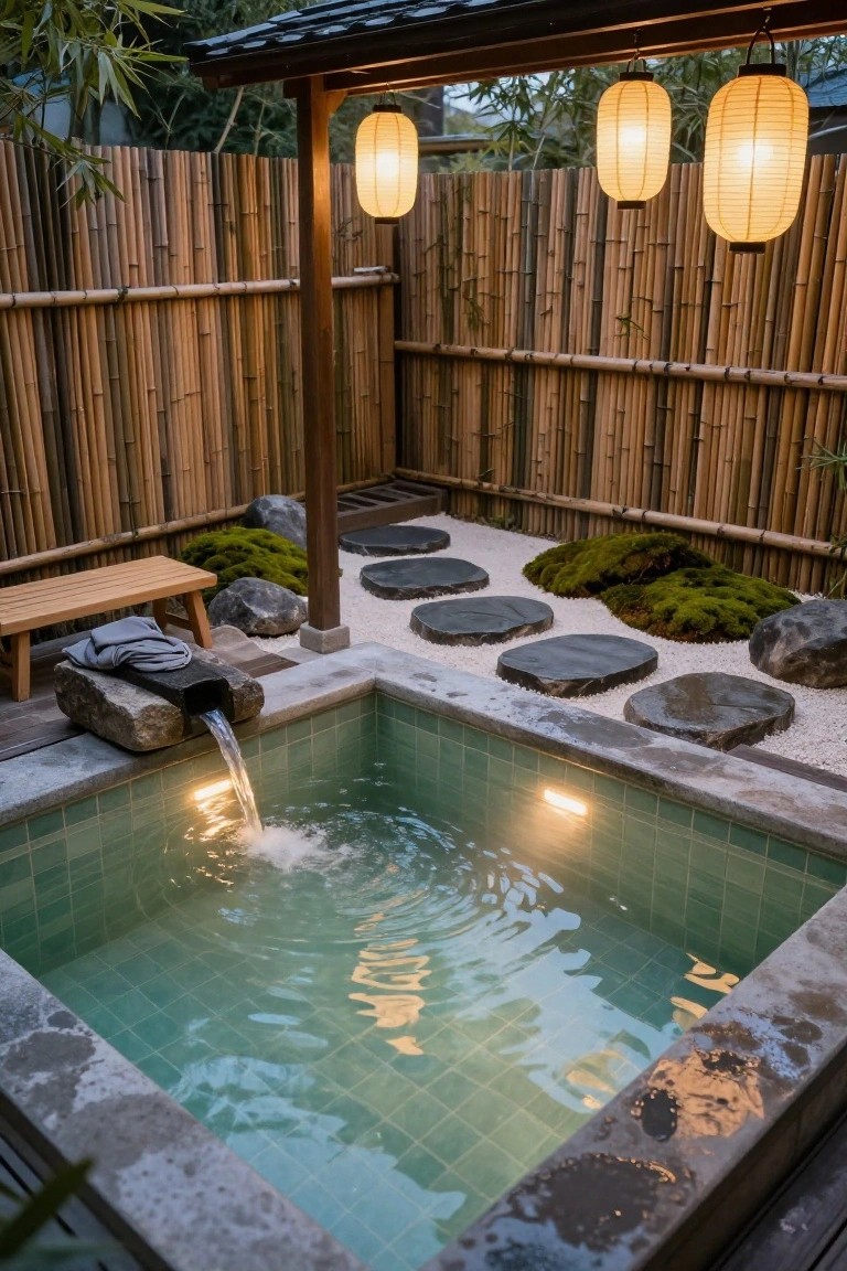 Small square green-tiled outdoor hot tub with flowing water from a stone spout, surrounded by gravel paths, mossy rocks, stepping stones, bamboo fencing, wooden bench, and hanging paper lanterns under a covered structure.