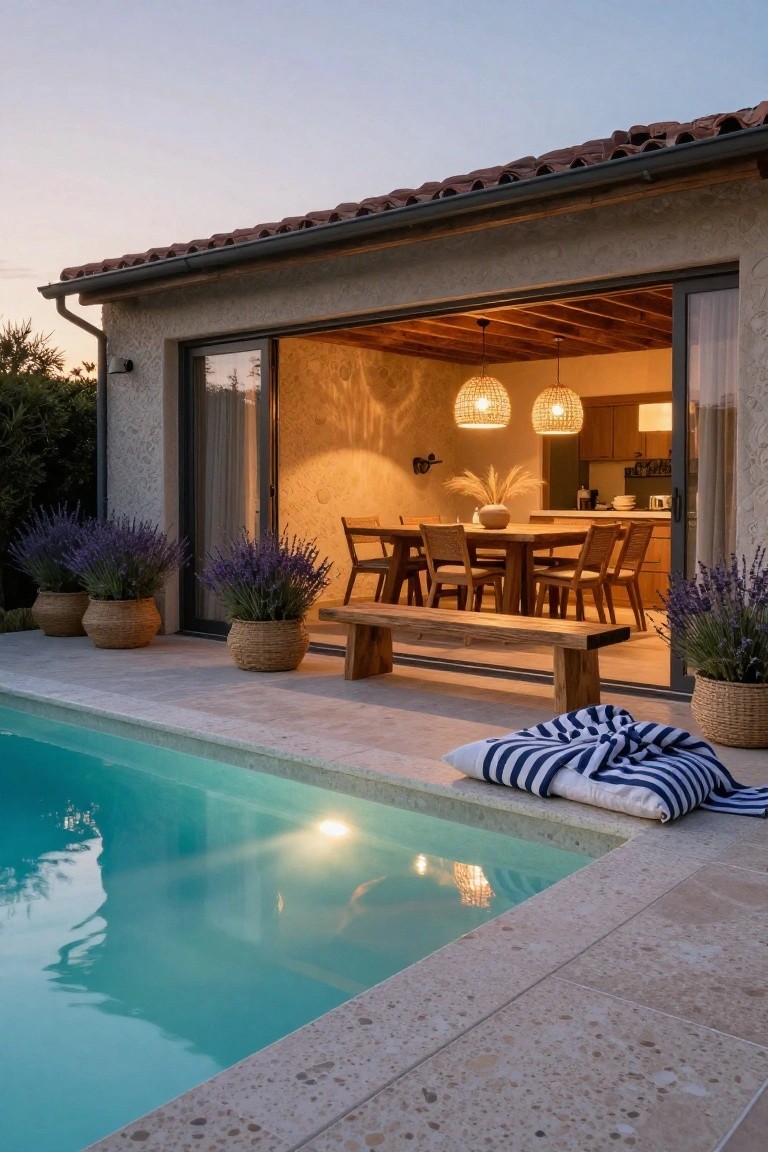 Terrace adjacent to a turquoise pool with a large woven pendant light fixture hanging over a wooden dining table and bench, open sliding glass doors revealing an indoor kitchen, lavender plants in basket pots, and a striped beach towel on the deck at dusk.