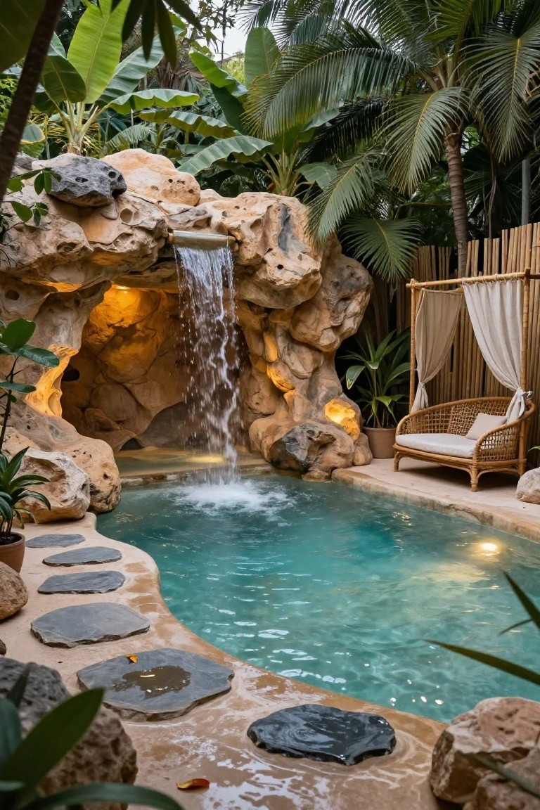 Turquoise pool fed by a waterfall cascading from illuminated rocky outcrops with cave-like niches, surrounded by lush tropical plants, stepping stones, and a bamboo daybed on a wooden platform.