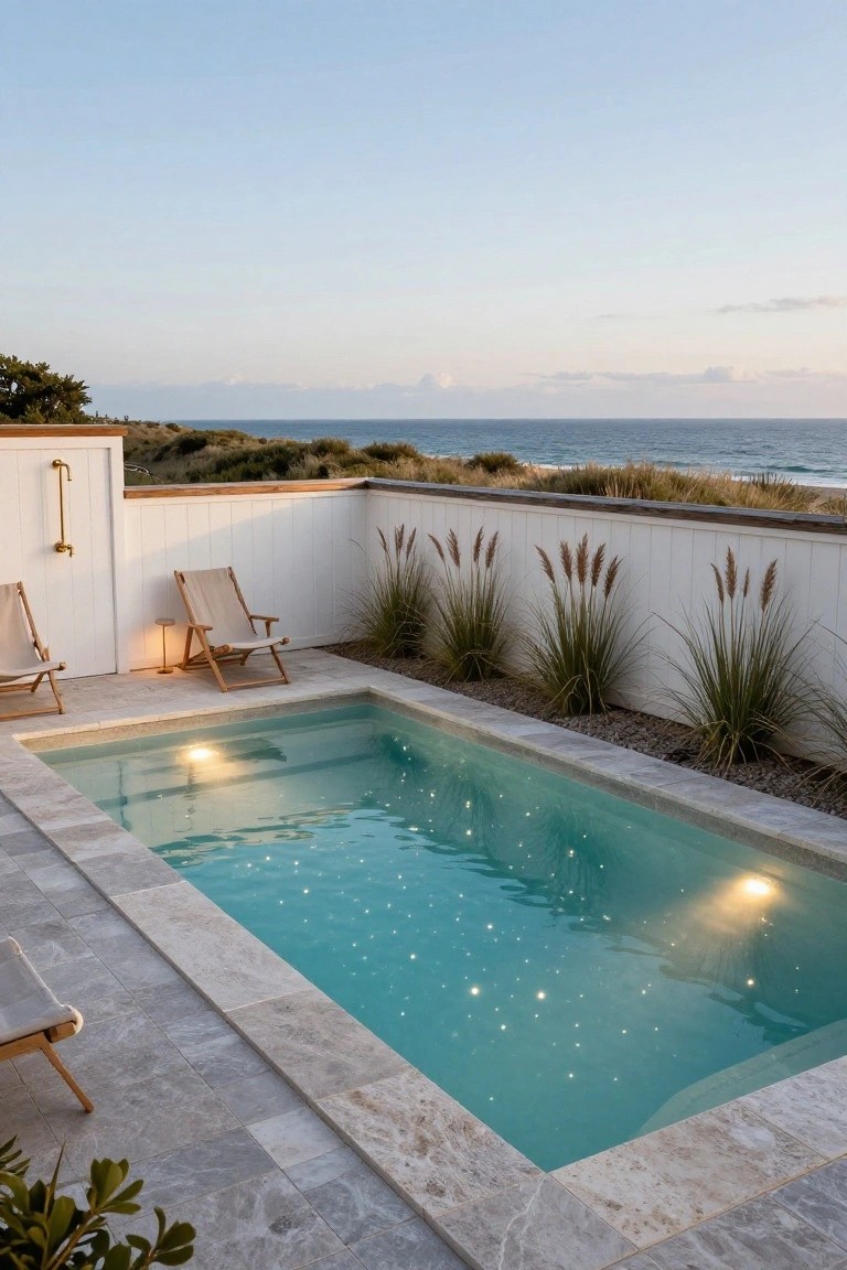 Small rectangular pool with turquoise water glowing from underwater lights at dusk, wooden lounge chairs on gray stone decking, pampas grass along white wooden fence with brass shower head, ocean view beyond.
