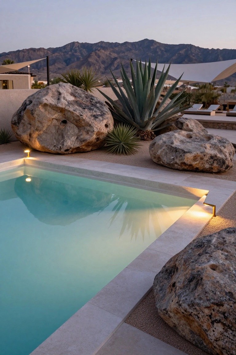 Infinity-edge pool at twilight with large boulders illuminated by uplights along the edge, agave plants nearby, gravel ground cover, and distant mountains.