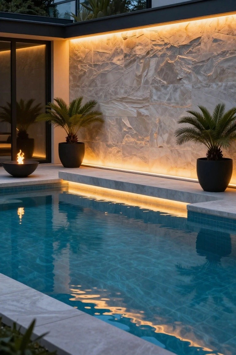 Turquoise infinity-edge pool at dusk with warm LED strip lighting along the edge and textured stone wall, black potted palms on either side, and a black fire bowl with flame on the patio deck.