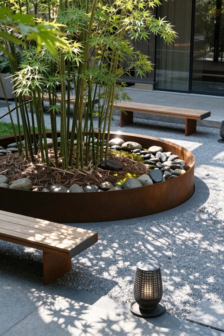 Circular corten steel planter filled with rocks, water, soil, and bamboo plants on a gravel patio, surrounded by wooden benches, a lantern light, and glass doors in the background.