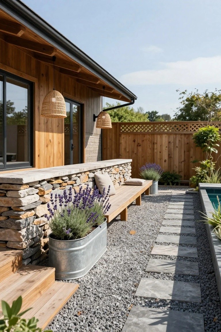 Side view of a wooden house exterior next to a raised pool, with a stone retaining wall holding a wooden bench, lavender plants, a galvanized metal tub planter, gravel ground, and slate stepping stones.