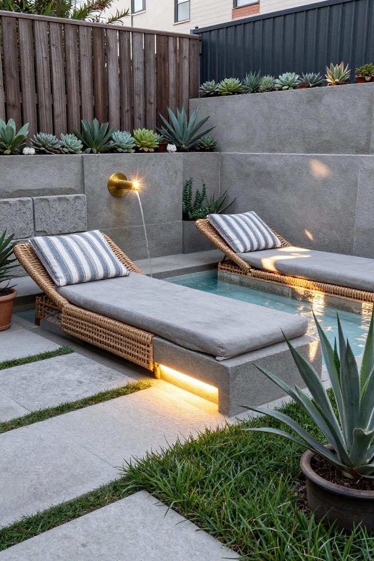 Small turquoise raised plunge pool with two beige rattan loungers positioned directly adjacent to the edge, concrete retaining walls lined with succulents, gold wall light, LED underlighting, and gravel paths in an outdoor patio area.