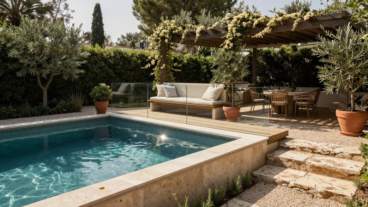 Raised turquoise pool with beige stone edge featuring built-in bench seat with beige and gray cushions, glass railing, plants along the side, stone path steps to wooden deck with dining table and potted plants in a garden setting