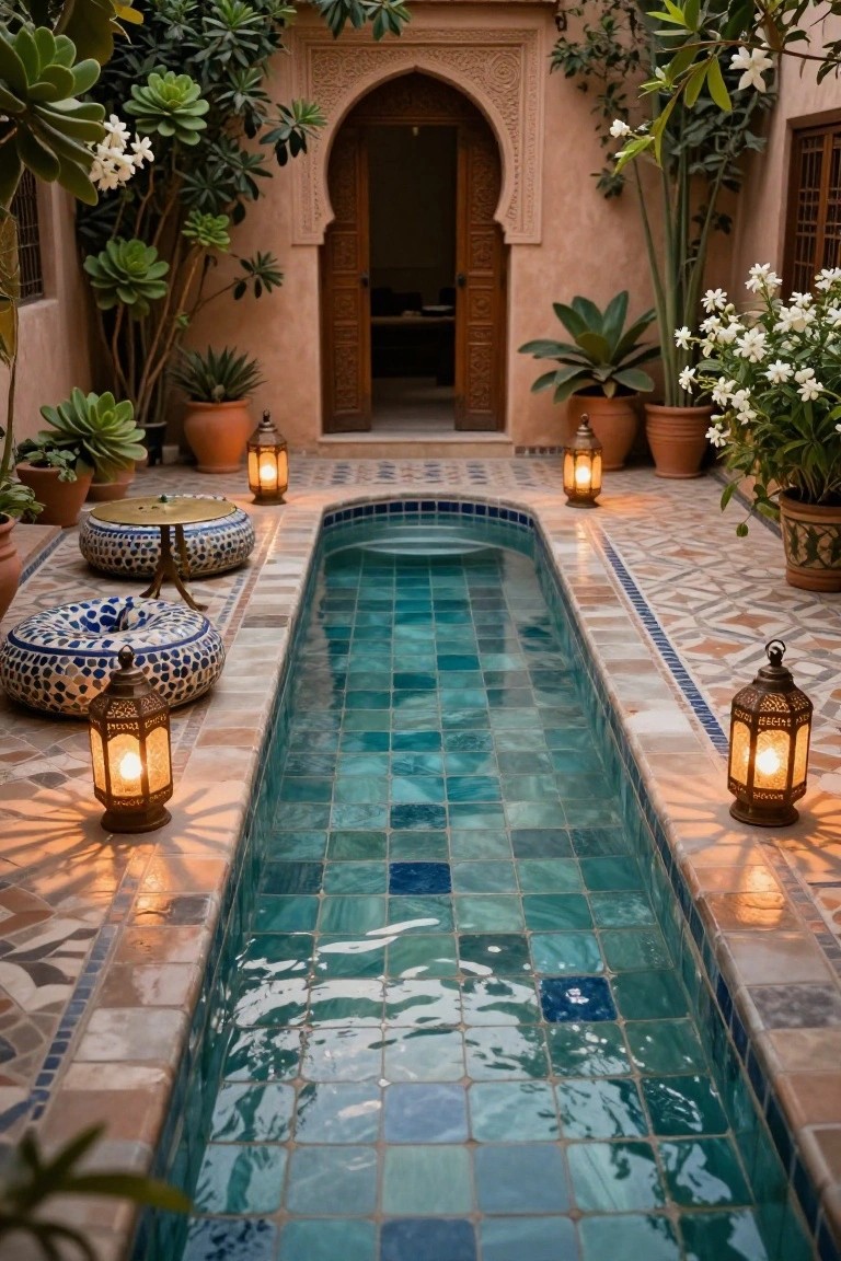 Narrow turquoise-tiled raised pool in a Moroccan-style courtyard surrounded by potted plants, colorful poufs, low table, lanterns, and arched doorway on terracotta flooring.