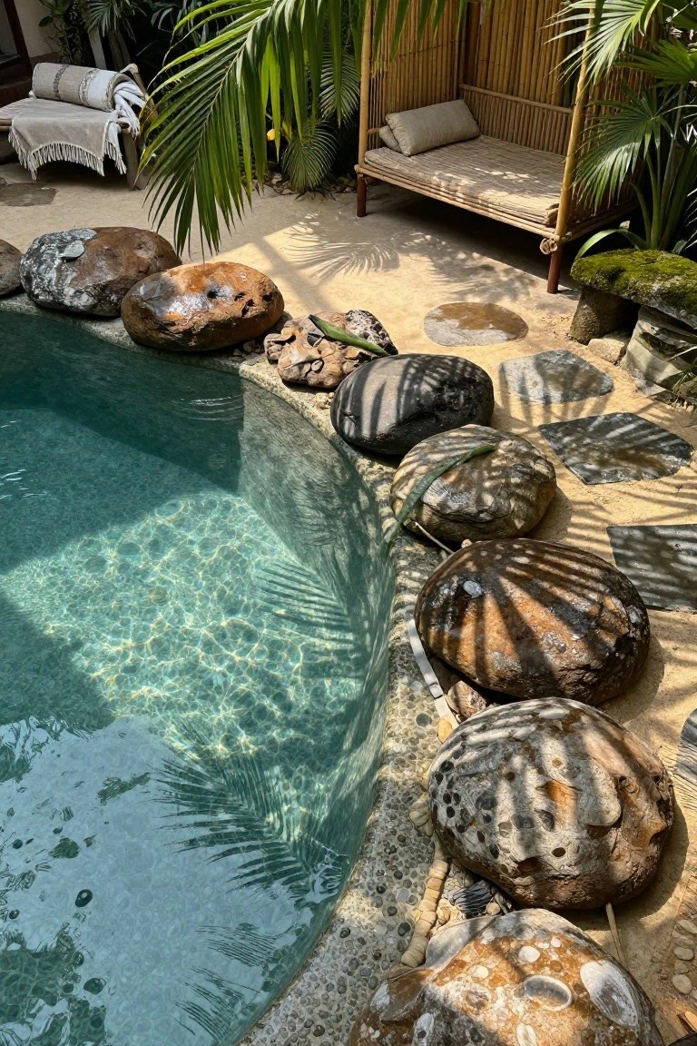 Raised turquoise pool edged with large irregular boulders on a pebble and tile surround, with tropical plants, palm shadows, and a bamboo daybed nearby.
