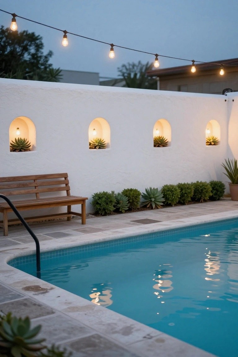 White stucco wall with arched niches containing lit succulents, wooden bench on tiled deck beside turquoise raised pool edge with black ladder, potted plants, string lights overhead, and agave plants along the base at dusk.