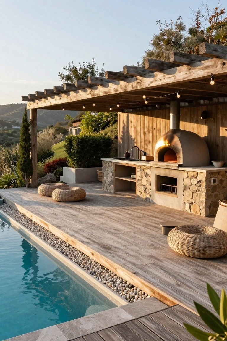 Wooden deck adjacent to a turquoise swimming pool, featuring a stone countertop outdoor kitchen with gold wood-fired pizza oven under a pergola with string lights, surrounded by plants and hillside views.