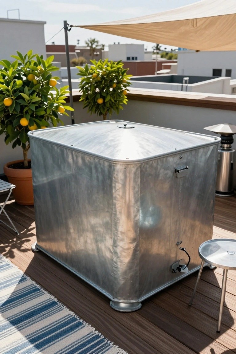 Square silver metal hot tub with lid on a wooden rooftop deck, surrounded by two potted lemon trees, a striped outdoor rug, small metal table, and beige sunshade overhead.