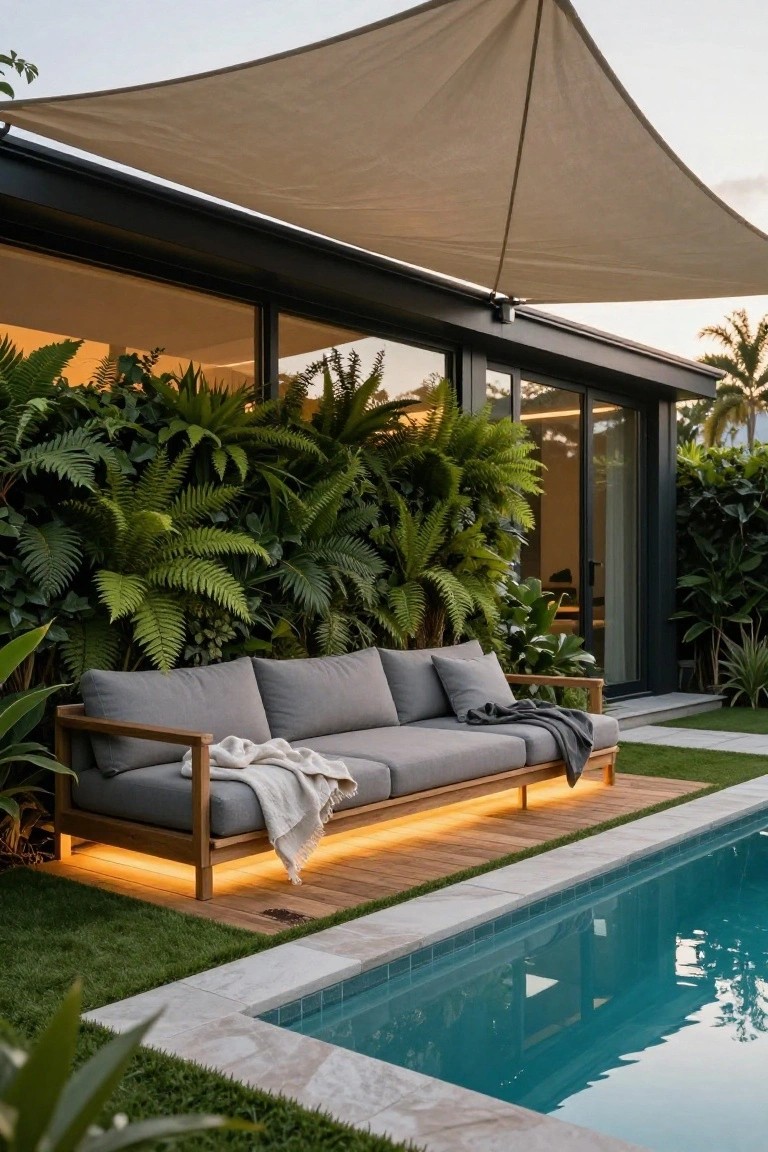 Raised turquoise pool edged by a glowing wooden deck platform with a gray three-seater sofa and white throw blanket, lush green ferns against a black-framed glass house wall, beige shade sail overhead, and grass lawn.