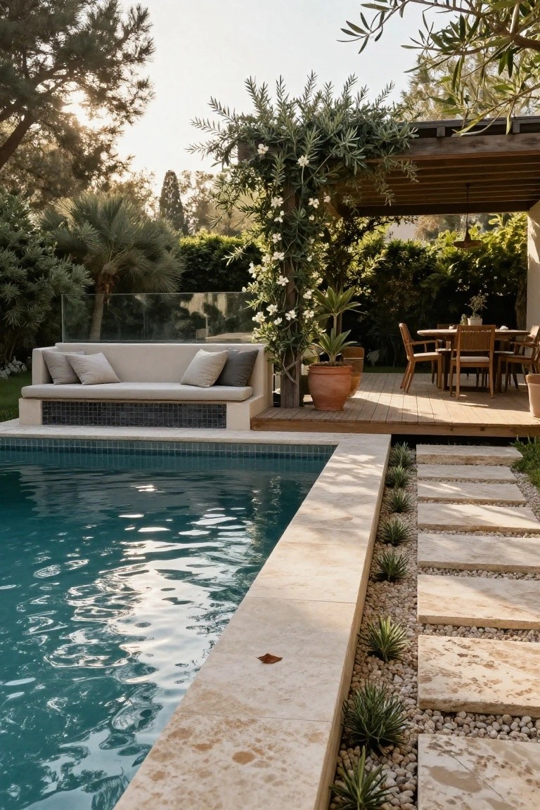 Raised turquoise pool with beige stone edge featuring built-in bench seat with beige and gray cushions, glass railing, plants along the side, stone path steps to wooden deck with dining table and potted plants in a garden setting