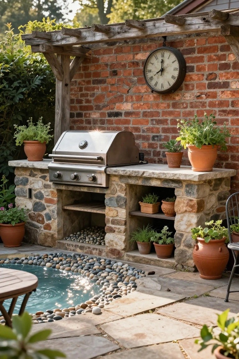 Small raised turquoise pool edged with smooth pebbles on a stone patio next to a built-in stainless steel grill on counters with potted plants, under a wooden pergola against a brick wall.