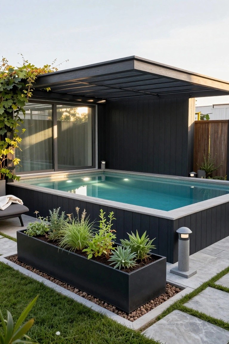 Raised rectangular swimming pool with black timber-clad sides, adjacent black planter box with succulents and grasses, lounge chair nearby, under a dark pergola with glass doors in background, surrounded by gravel and pavers.