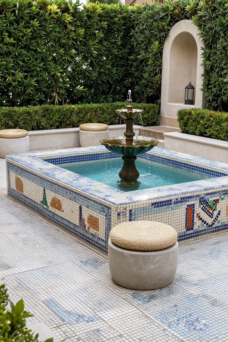 Raised rectangular pool basin with blue mosaic tile edges featuring colorful patterned motifs, a central bronze fountain with water flowing into turquoise pool water, surrounded by low stools on a light tiled courtyard with green hedges and an arched niche holding a lantern.