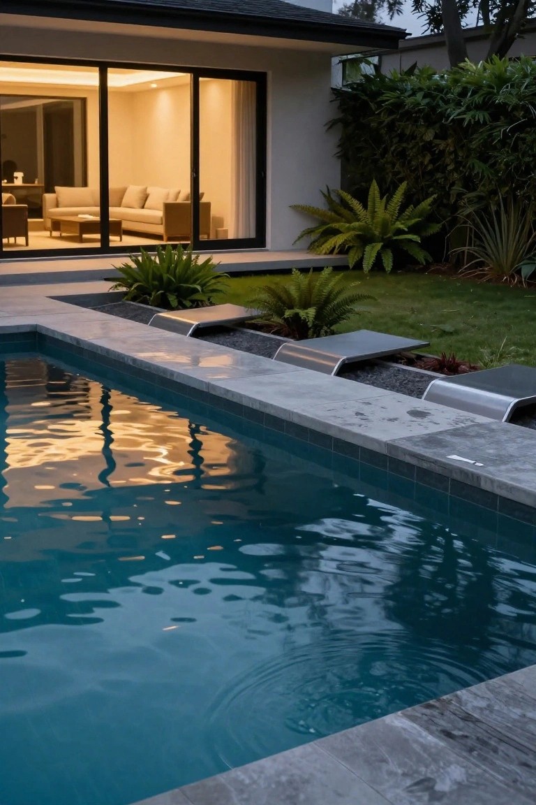 Contemporary house with large sliding glass doors overlooking a rectangular pool featuring raised stainless steel edges and overflow channels, bordered by low plants and gravel beds at dusk.