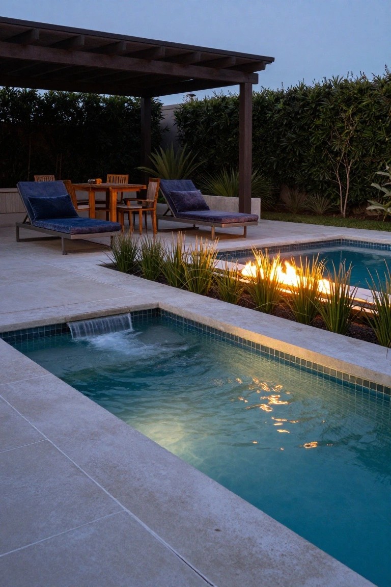 Raised turquoise-tiled spa pool with waterfall feature and adjacent fire trough burning through grasses, next to a paved patio with lounge chairs and dining table under a pergola, surrounded by landscaping at dusk.